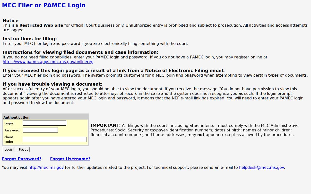 Issaquena County case search Ninth Circuit MEC login screen