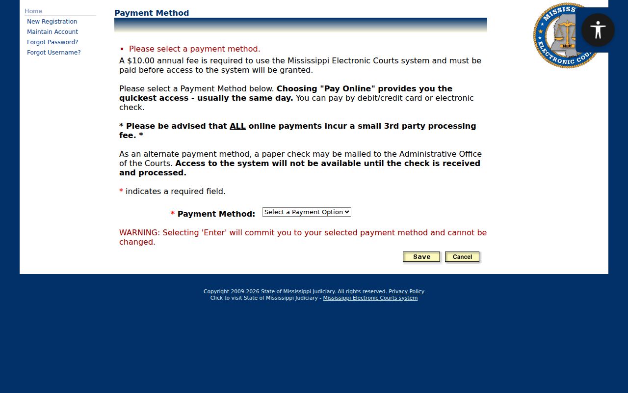 Issaquena County case search PAMEC payment method page