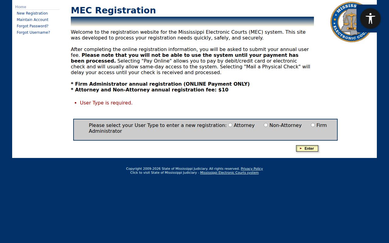 Issaquena County case search PAMEC registration user types
