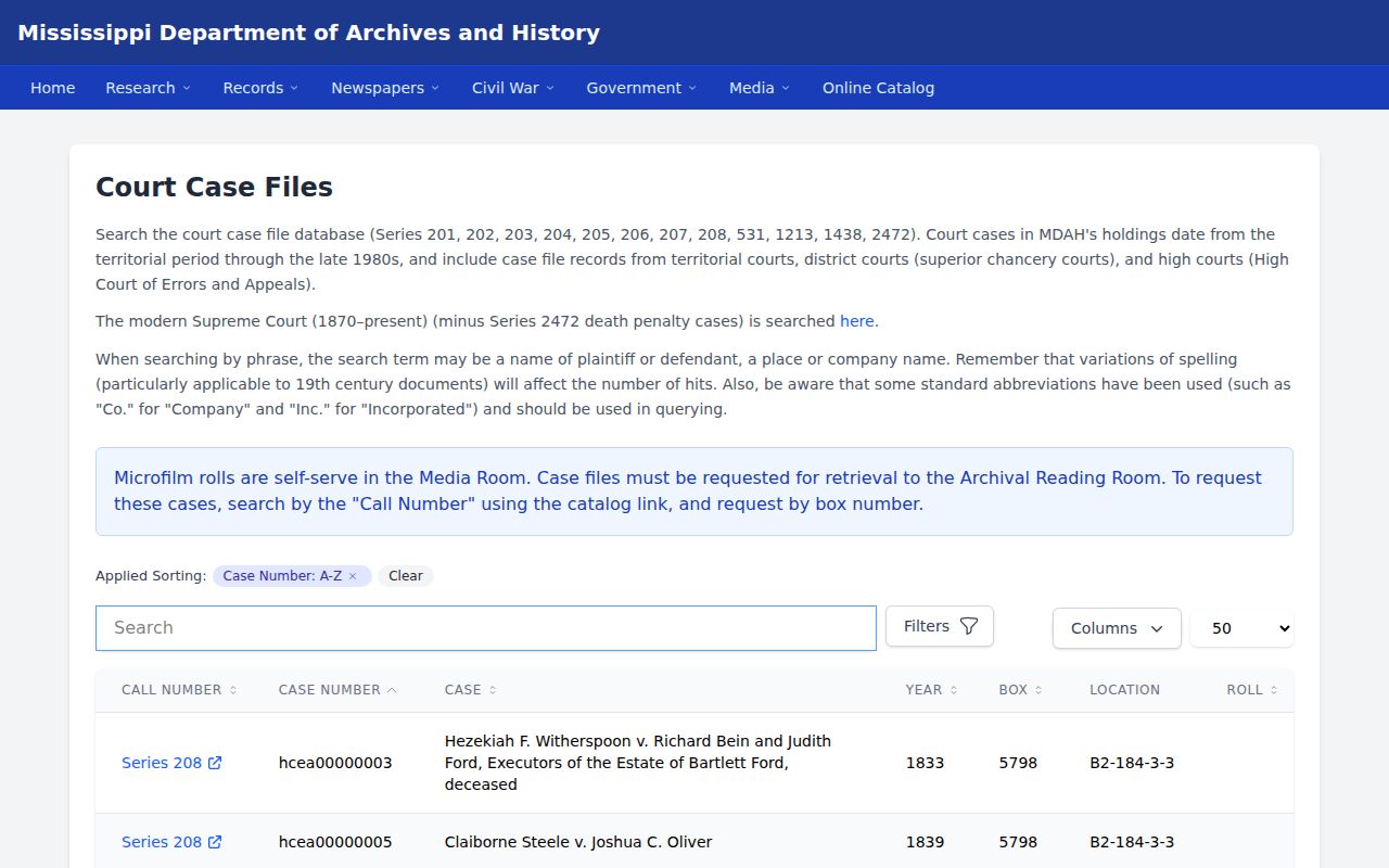 Issaquena County court records MDAH historical case search controls
